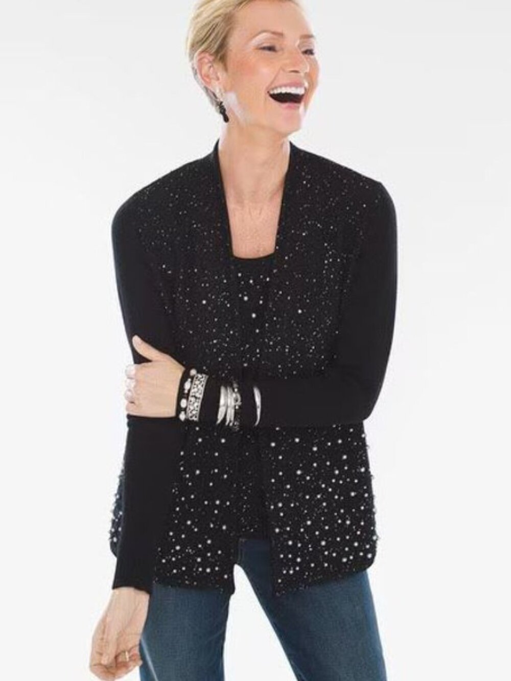 Chico's Black Scattered Faux-Pearl Open-Front Cardigan size 1 US M 8/10